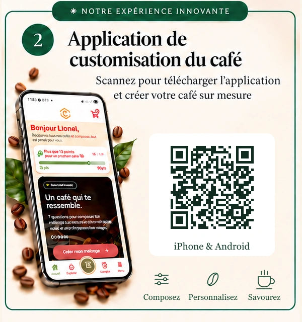 Application de personnalisation du café Cosy Coffee, disponible sur iPhone et Android